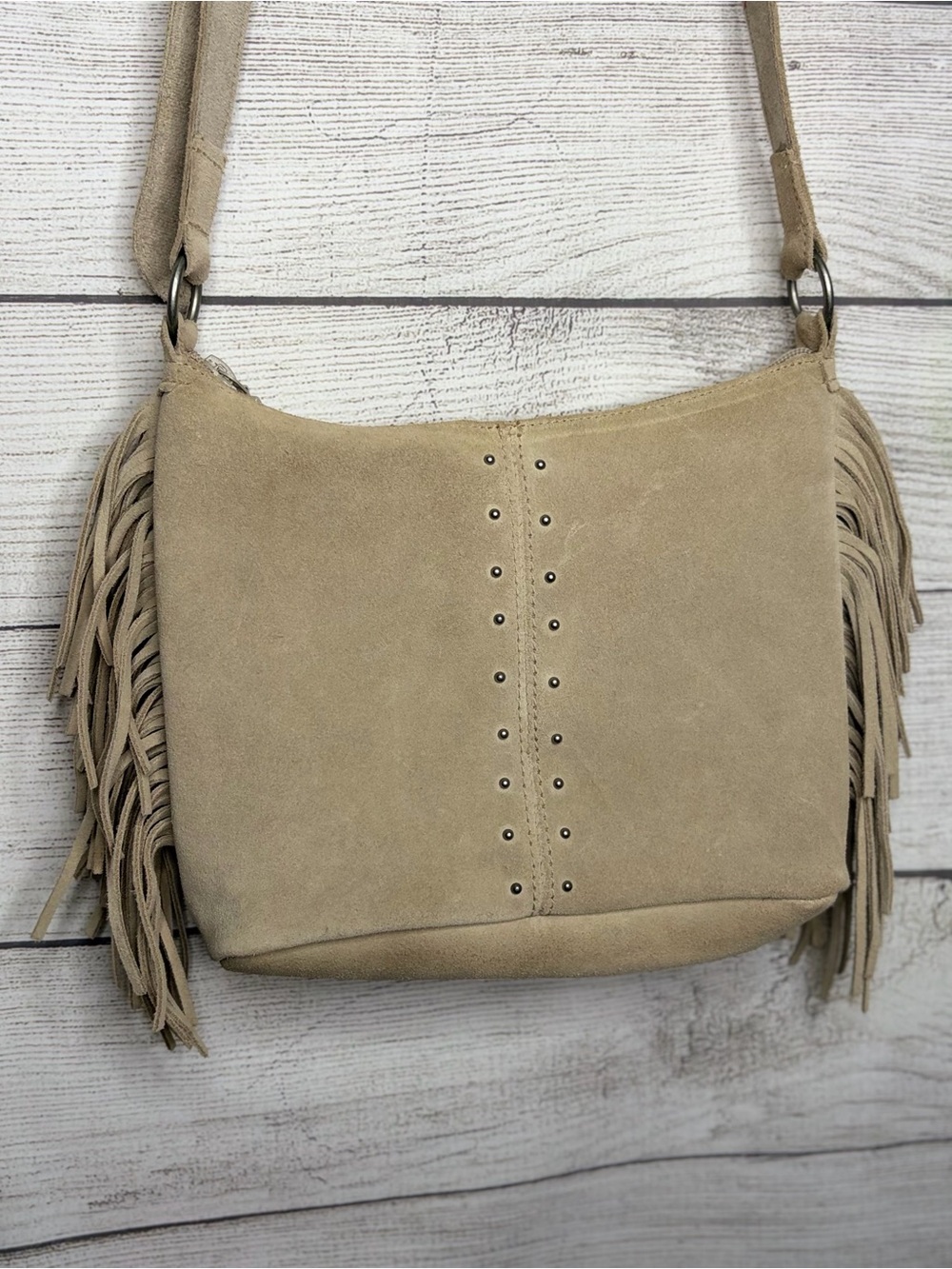 Minnetonka Beige Suede Fringe Crossbody Bag